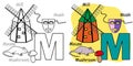 English alphabet coloring book page for children. Letter M is for Mouse, Mill, Mask, Mushroom.